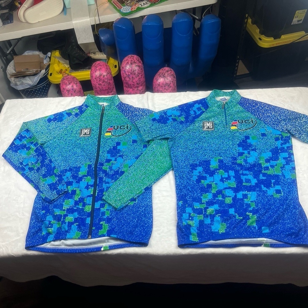 Santini Cycling Full-Zip Jacket & Shirt L Blue Green Pixelated Set Made in Italy